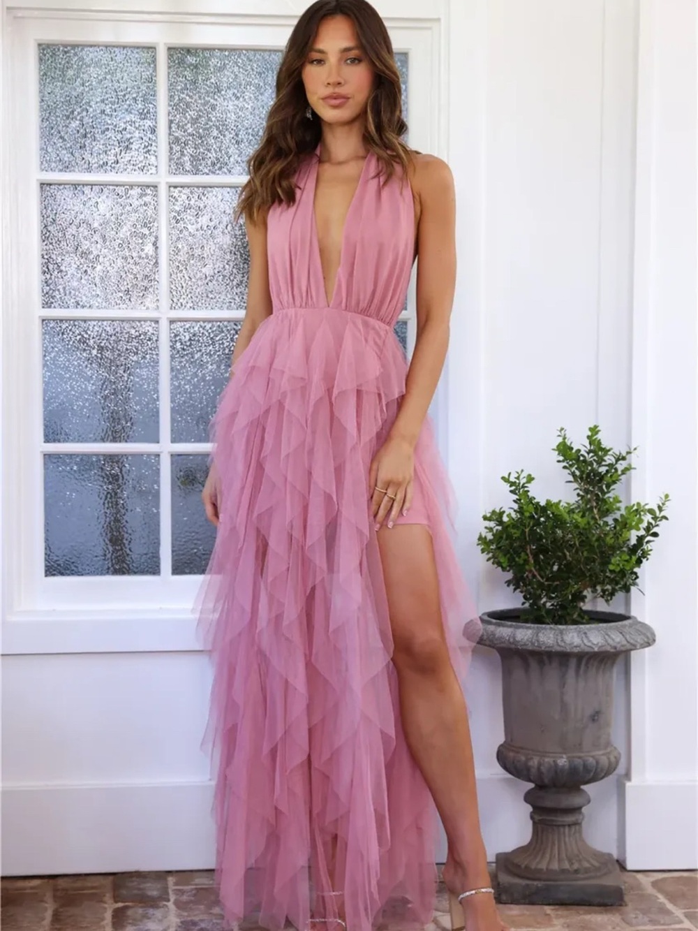 NEW XS Pink Ruffle Tulle Maxi Dress